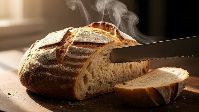 A fresh loaf of sourdough bread with a knife slicing steam escaping - Powered by Adobe