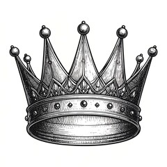 Intricate monochrome illustration of a majestic crown with detailed shading and embellishments, isolated on a white background