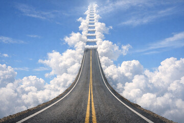 A long, straight road stretches towards the clouds, disappearing into the sky from a low vantage point on the ground.