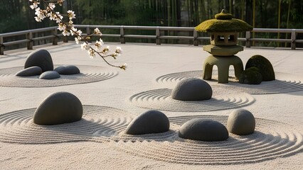 A serene Zen garden with raked sand and stones