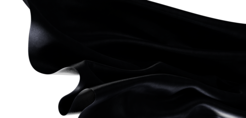 Dramatic view of black fabric with folds and shadows, representing elegance and luxury against a clean white backdrop. P
