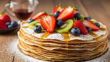 A stack of crepes with powdered sugar and fruit sweet indulgence
