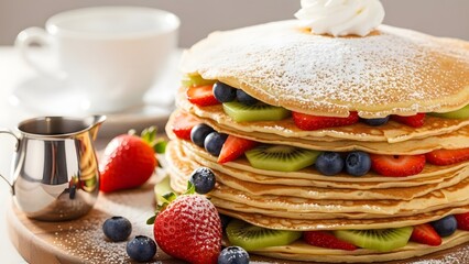 A stack of crepes with powdered sugar and fruit sweet indulgence