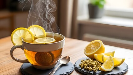 A steaming cup of herbal tea with lemon slices