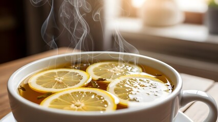 A steaming cup of herbal tea with lemon slices