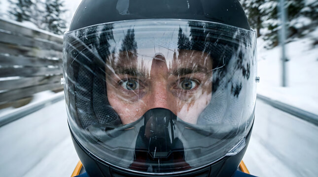 Close up face of athlete in helmet with wide open eyes riding bobsleigh at high speed. Scared sportsman expression during extreme winter ice race