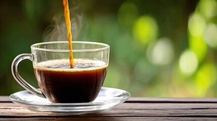 Hot Black Coffee Pouring Into Clear Glass Cup on Wooden Surface in Bright Natural Setting