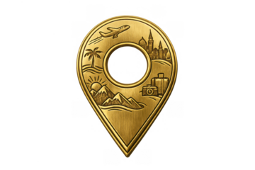 Golden travel location pin icon illustrating vacation destination choices like mountains, tropical beaches, and cityscapes