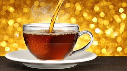 Hot Black Coffee Pouring Into Glass Cup on White Saucer with Golden Bokeh Background