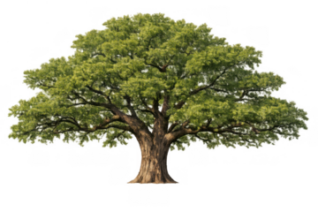 Mature green tree with dense fresh foliage growing, standing isolated with a transparent background