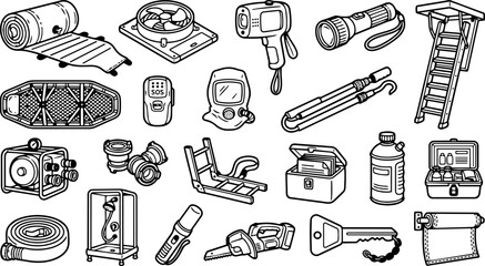 Line art emergency equipment icons set showing safety tools like flashlight ladder stretcher gas mask toolbox first aid kit landscape
