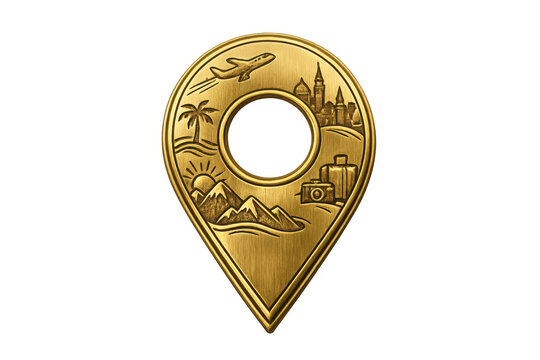 Golden travel location pin icon illustrating vacation destination choices like mountains, tropical beaches, and cityscapes - Powered by Adobe