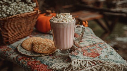 Hot Chocolate with Whipped Cream in Glass Mug on Decorative Cloth with Cookies and Autumn Decorations