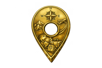 Golden map pin with travel icons, featuring compass, airplane, mountains, globe, luggage, and passport, transparent background