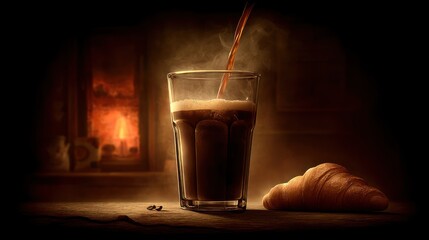 Hot Coffee Being Poured Into Glass with Croissant on Wooden Surface in Cozy Kitchen