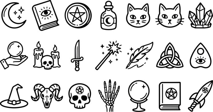 Line art occult icon set showing mystical symbols and witchcraft objects arranged in rows with clean black outlines, flat style