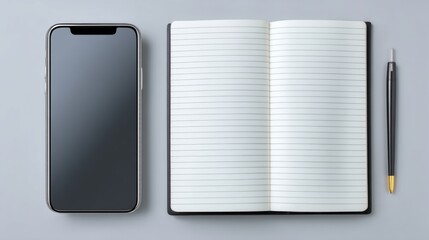 Modern smartphone, open notebook, and pen on gray surface, representing technology, communication, and productivity in daily tasks and planning activities