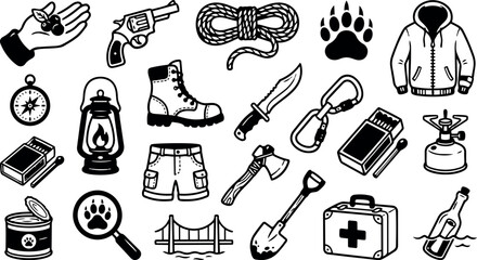 Line art camping and survival icon set close up assortment of hand drawn outdoor gear including knife, rope, lantern, first aid