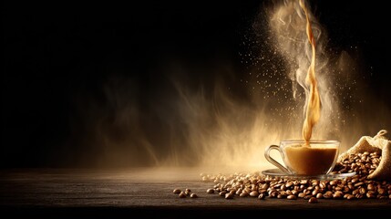 Hot Coffee Cup with Rising Steam in Dark Background on Wooden Surface