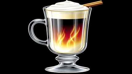 Hot Coffee Drink in Glass Mug with Cream and Cinnamon Stick on Black Background