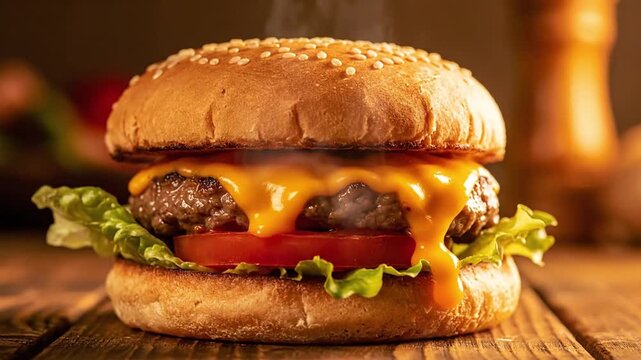 ultra realistic cinematic burger close up gourmet cheeseburger resting on wooden table melted cheese dripping slowly beef patty lettuce tomato sesame bun warm golden lighting creating mouthwatering hi