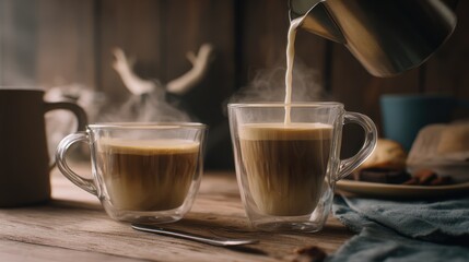 Hot Coffee in Clear Glass Cups on Wooden Table in Cozy Kitchen