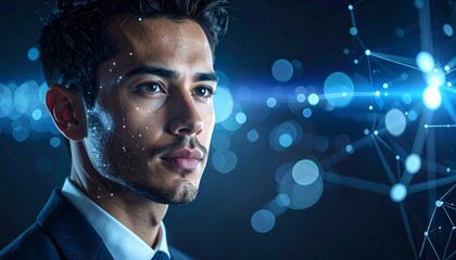 Photorealistic portrait of professional human face softly illuminated by abstract digital light patterns, AI concept without screens, calm confident expression, dark clean background, cinematic lighti
