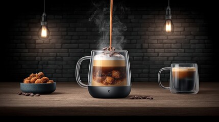 Hot Coffee in Clear Glass Mug with Brown Sugar Cubes and Coffee Beans on Wooden Surface