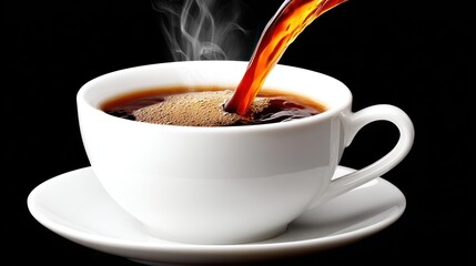 Hot Coffee Pouring Into White Cup with Steam on Black Background