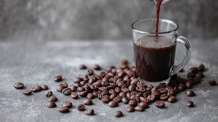 Hot Coffee Pouring Into Glass Mug with Coffee Beans on Gray Surface