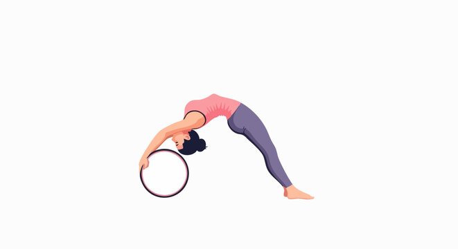 Woman practicing yoga wheel pose on white background.