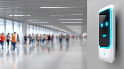Humanoid Robot Face Display in Modern Airport Terminal with Blurred Crowd
