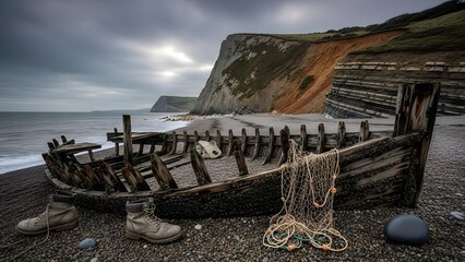 Fototapeta premium Decaying Wooden Hull of an Old Shipwreck on a Rocky Beach