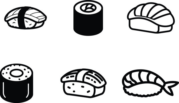 Sushi and maki rolls in a simple line drawing style