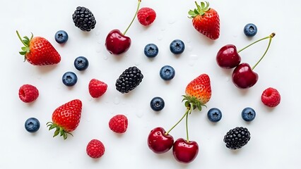 Variety of fresh assorted berries on a bright backdrop create inviting feel