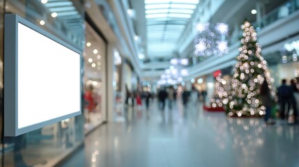 Blank digital display in shopping mall with decorated Christmas tree and blurred people background. Advertising mockup billboard for boxing day marketing and promotion campaigns