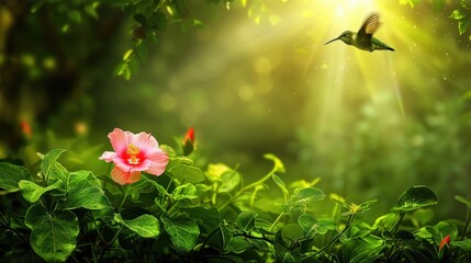 Hummingbird Flying Near Pink Flower in Sunlit Green Garden Scene