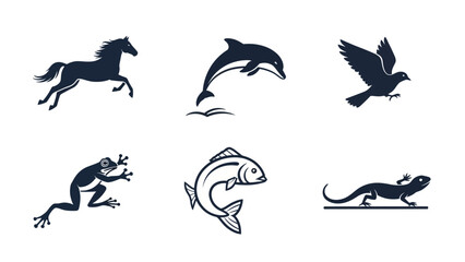 Obraz premium Horse Dolphin Bird Frog Fish Lizard Silhouettes.