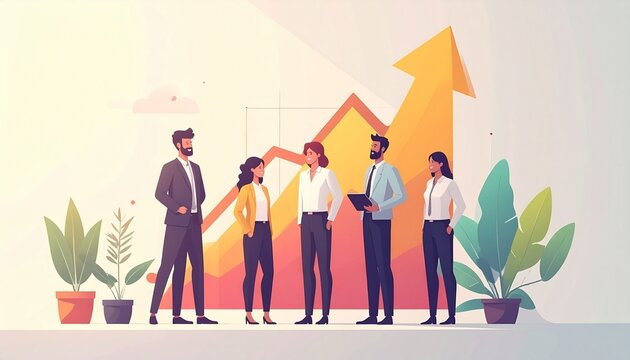 Premium flat illustration of business growth concept, diverse professionals collaborating around upward graph, clean geometric shapes, soft neutral color palette, modern editorial style, minimal shado