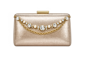 Ornate gold evening clutch bag with sparkling gemstone and pearl chain on transparent background