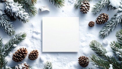 White card framed by snow-covered fir branches & pinecones on snow