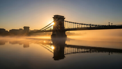 Fototapeta premium budapest chain bridge at sunrise with golden fog over the danube river creating a serene travel and tourism advertisement background.