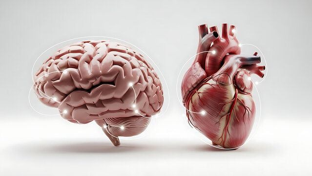brain heart connection concept with digital lines illustrating interconnectedness of human organs for medical health and wellness topics