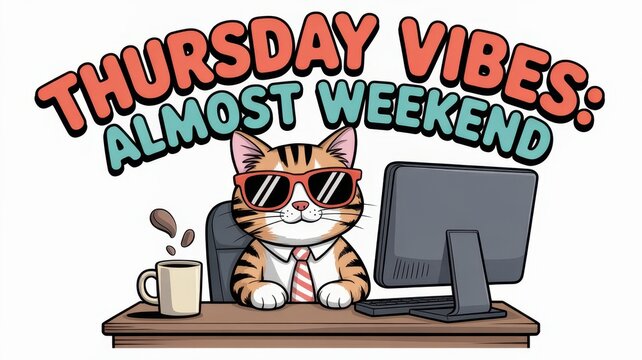 Cartoon-style cat wearing sunglasses and a tie, sitting at a desk with a computer and coffee mug, with the text &ldquo;Thursday Vibes. Almost Weekend&rdquo; on a white background.