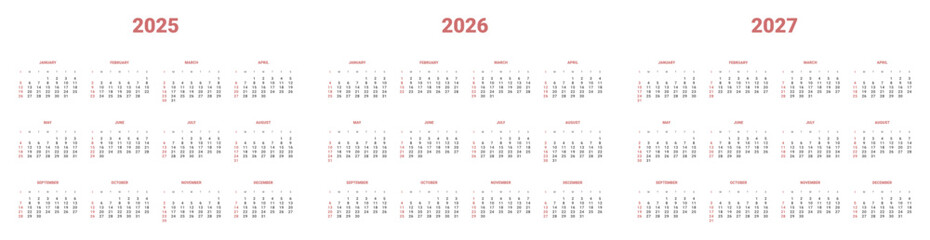 Set of annual Calendar Templates 2026, 2027, 2028. Vector layout of wall or desk simple calendar with week start on Sunday. Weekends highlighted in red. Page A4- 21x29.7 cm in Minimal style for print