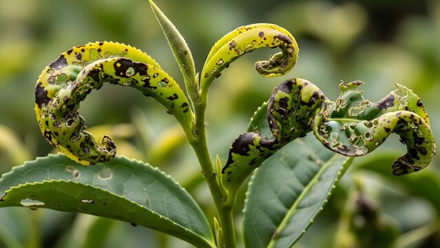 Macro view of bright green tea leaves showing damage, curling, and signs of pest infestation or disease