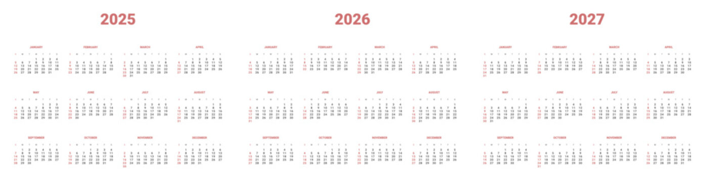 Set of annual Calendar Templates 2026, 2027, 2028. Vector layout of wall or desk simple calendar with week start on Sunday. Weekends highlighted in red. Page A4- 21x29.7 cm in Minimal style for print
