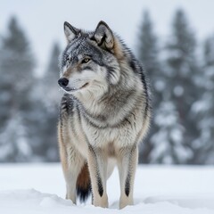Obraz premium Wolf standing alert in snowy forest, wildlife animal in natural winter landscape, close-up nature photography, cold environment, side view