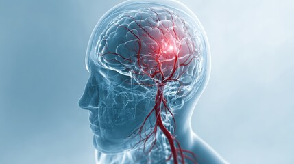 Medical illustration of brain stroke with the affected area highlighted in red colour. Neural connections in human brain. Healthcare and therapy concept