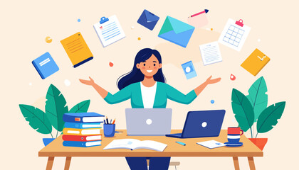 Woman working on laptops surrounded by office supplies and floating documents.